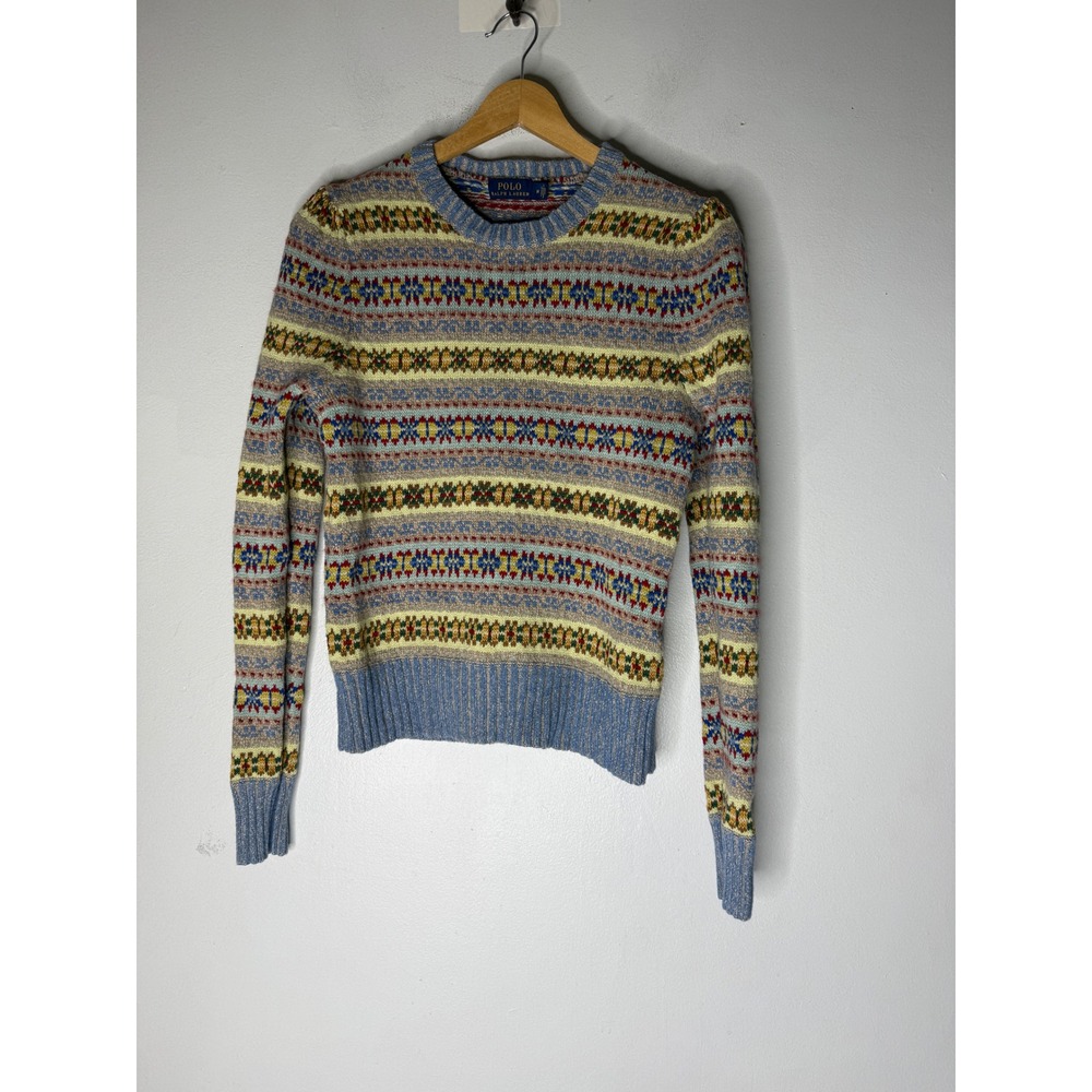 Polo Ralph Lauren Women Fair Isle Cotton Silk Linen Knit Sweater Blue Multi M